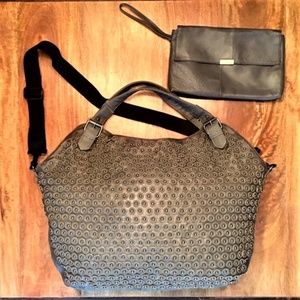 Nicole Lee Grey Blue Floral Satchel Cross Body Textured Tote Bag Leather Wallet